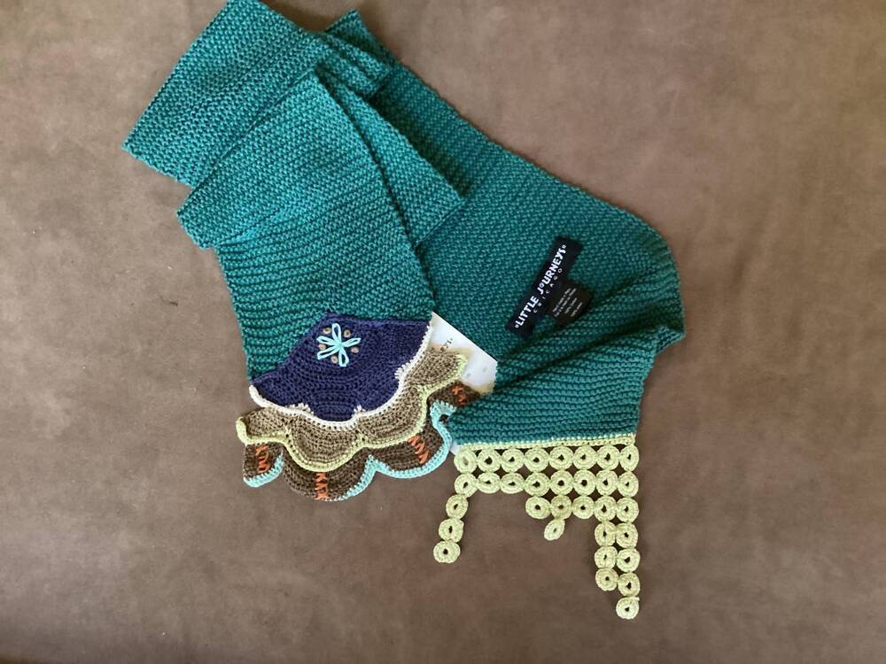 NEW LITTLE JOURNEYS CHICAGO handknit peruvian scarf in teal/taupe/navy